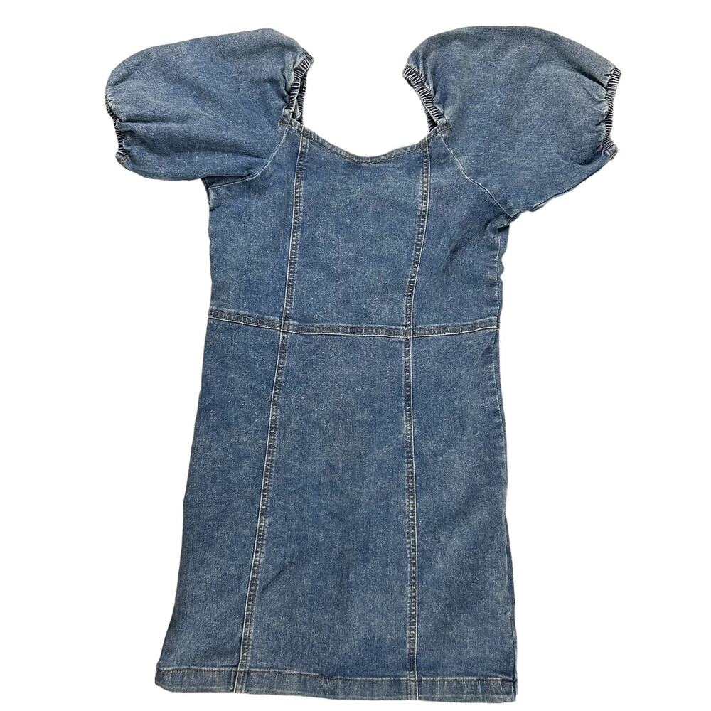 Madden Girl Sz M Jean Denim Mini Puff Sleeve Dress Sweetheart Neckline Zip Up - Picture 1 of 12